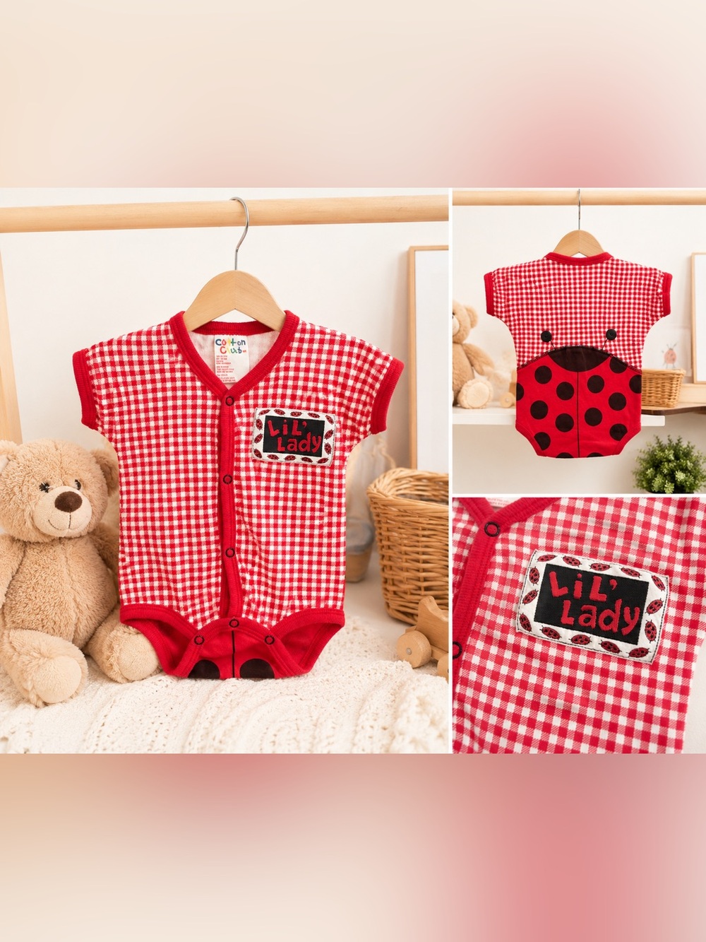 Vintage Cotton Club “LiL’ Lady” Ladybug Gingham Baby Bodysuit 3-6M Cottagecore